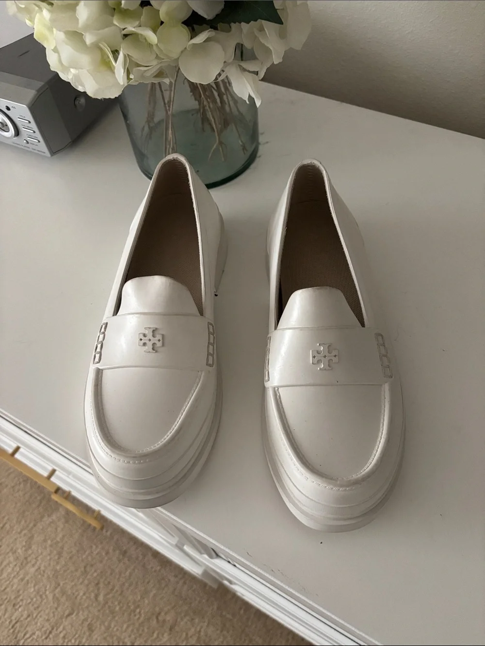Tory Burch White Leather Platform Loafers with Logo